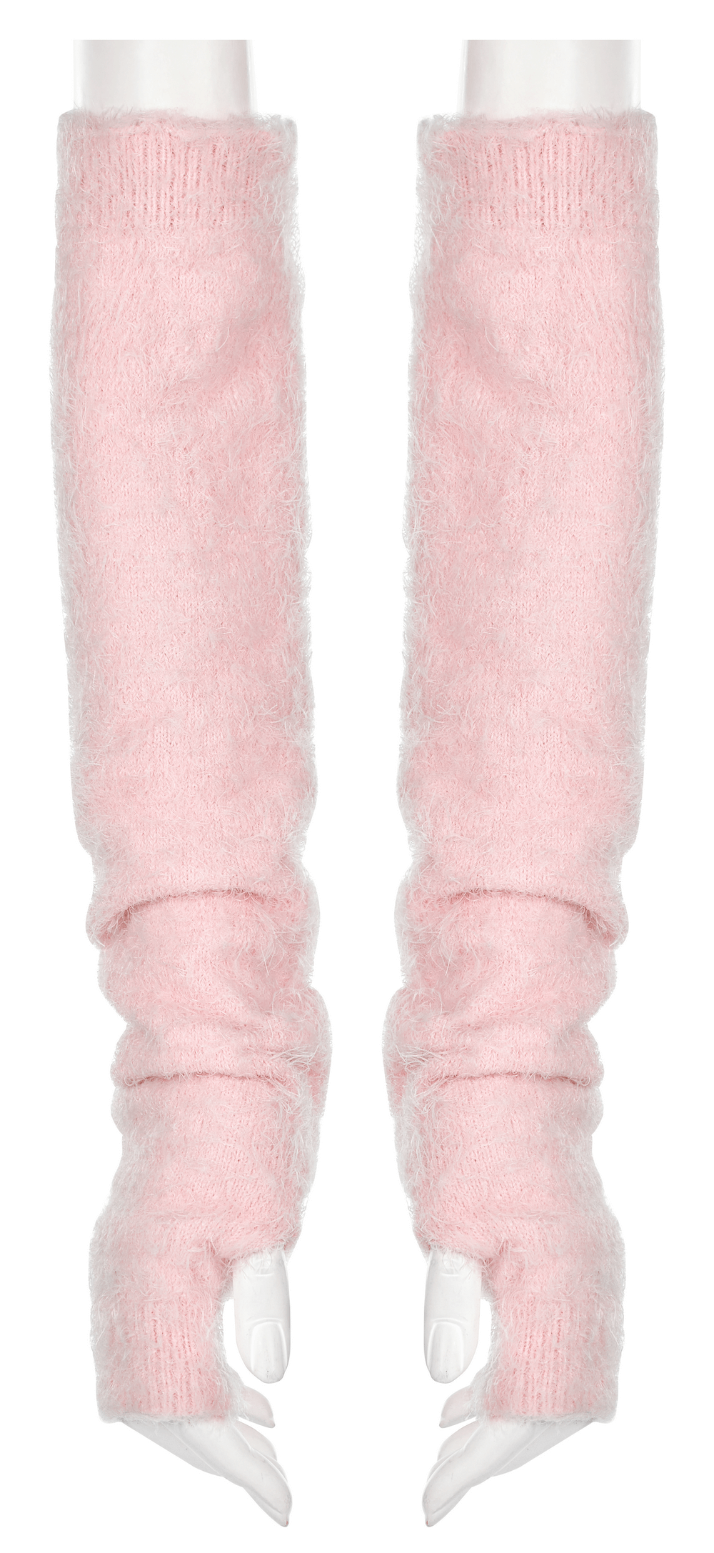 Pink faux fur arm sleeves with finger holes for a cozy, edgy look.