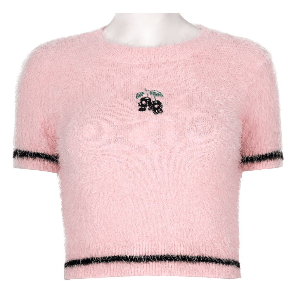 Punk Rave Pink Faux Fur Crop Sweater Cherry Skull Embroidery