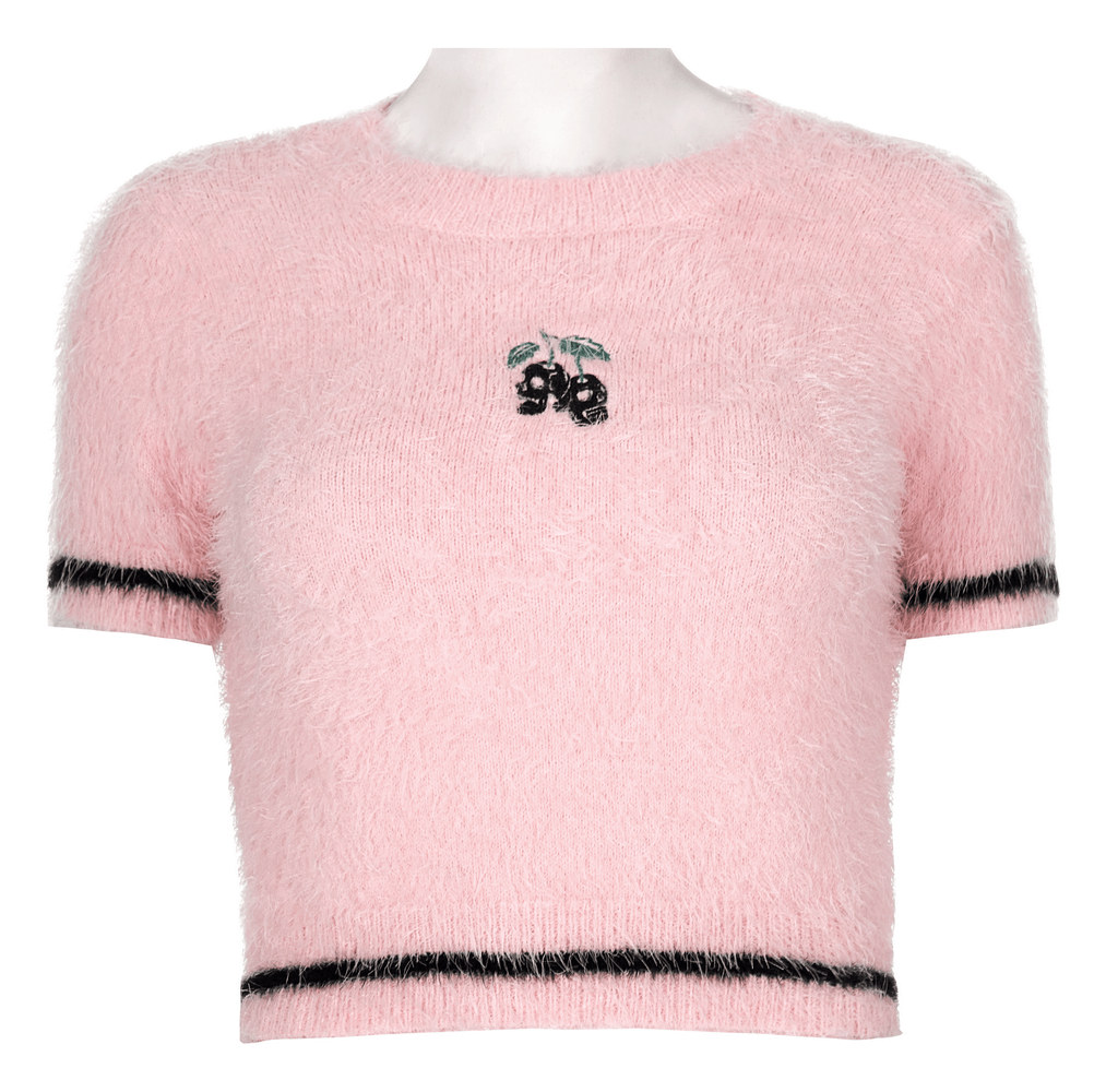 Punk Rave pink faux fur crop sweater with black trim and cherry skull embroidery, perfect for edgy fashion lovers.