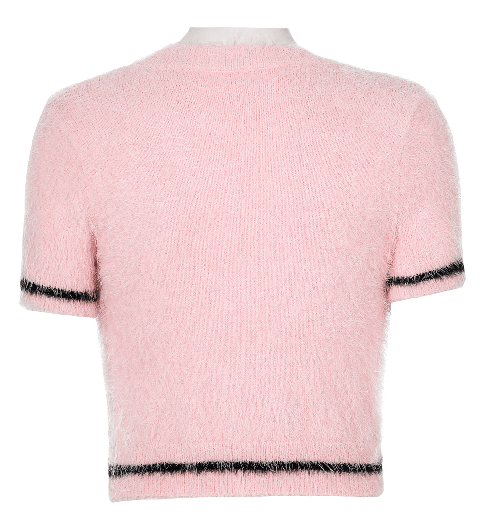 Punk Rave Pink Faux Fur Crop Sweater Cherry Skull Embroidery