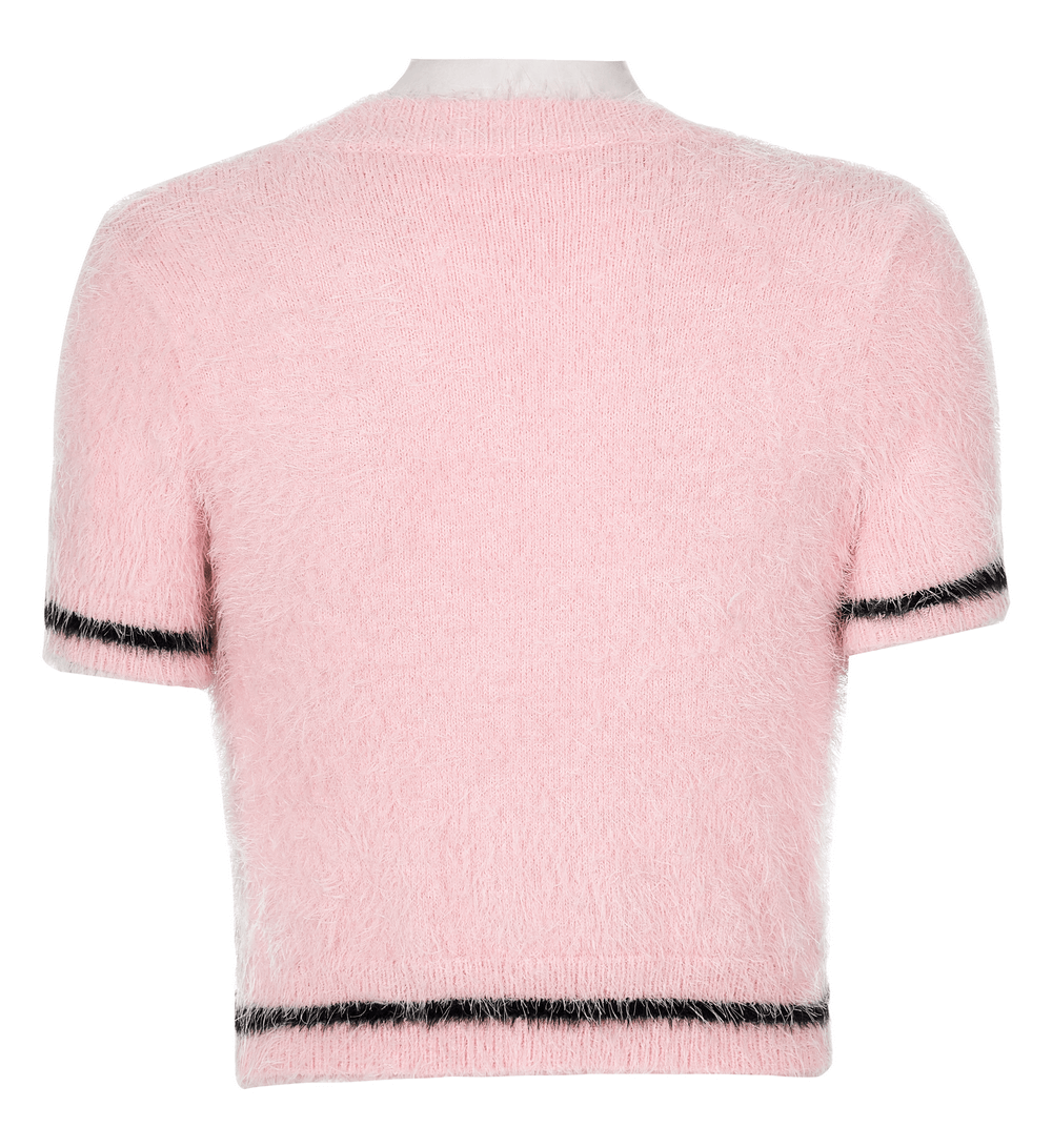 Back view of Punk Rave Pink Faux Fur Crop Sweater featuring black trim and short sleeves, perfect for edgy style.