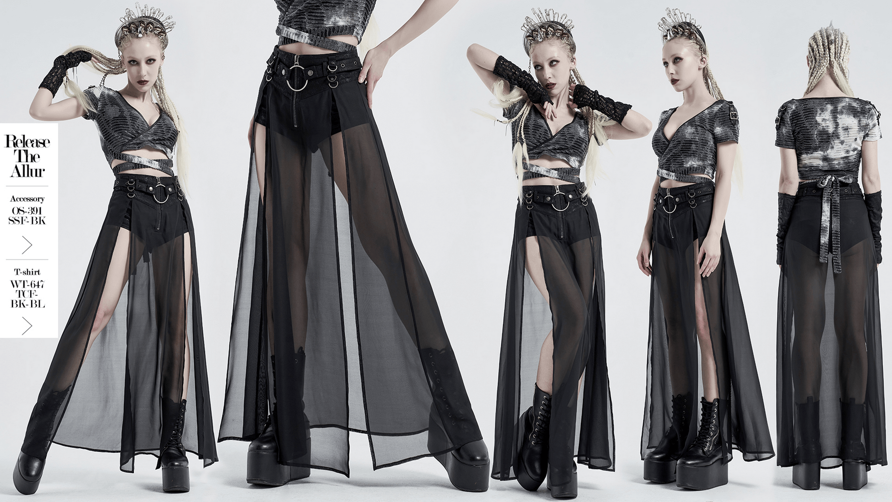 Punk Rave sheer overlay split skirt with detachable belt, showcasing edgy black mesh and daring thigh-high split.
