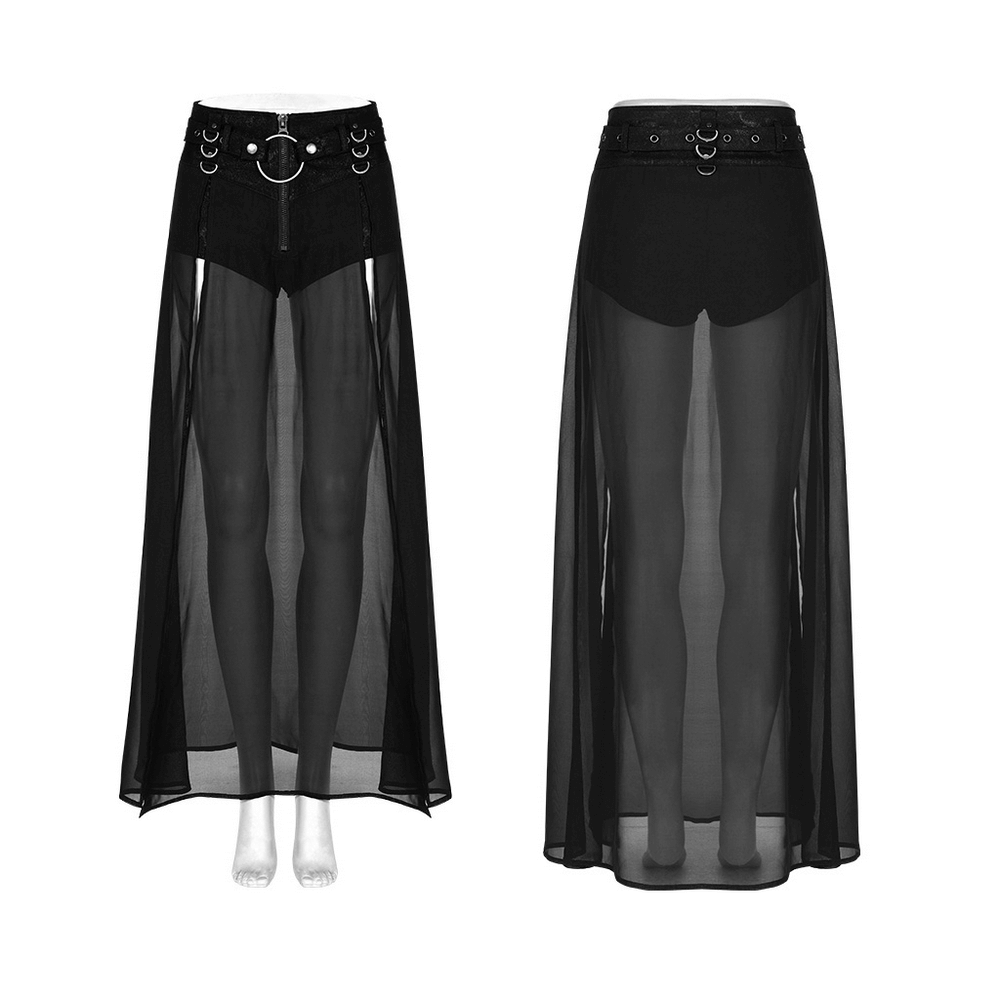 Punk Rave sheer overlay black skirt with split hem and detachable belt for edgy gothic style.