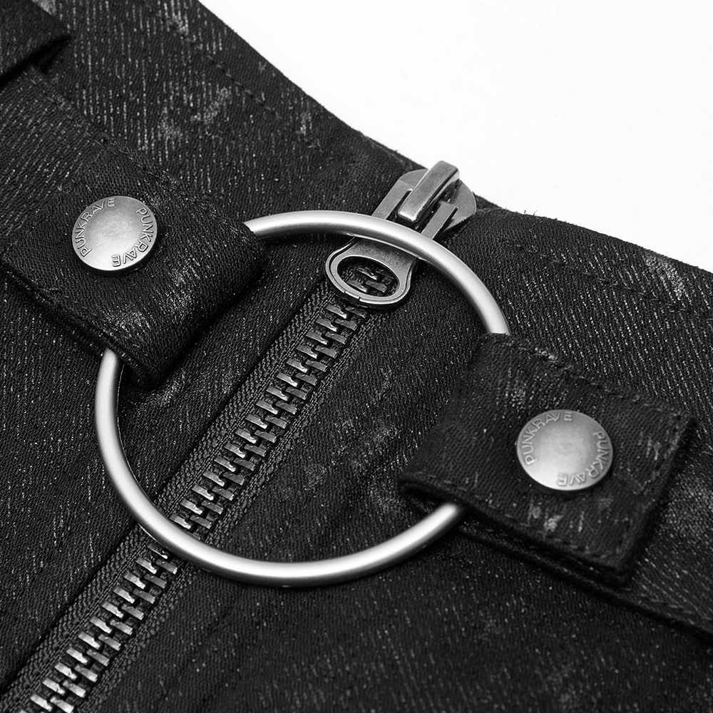 Close-up of Punk Rave skirt zipper and detachable belt ring, showcasing edgy design and textured fabric.