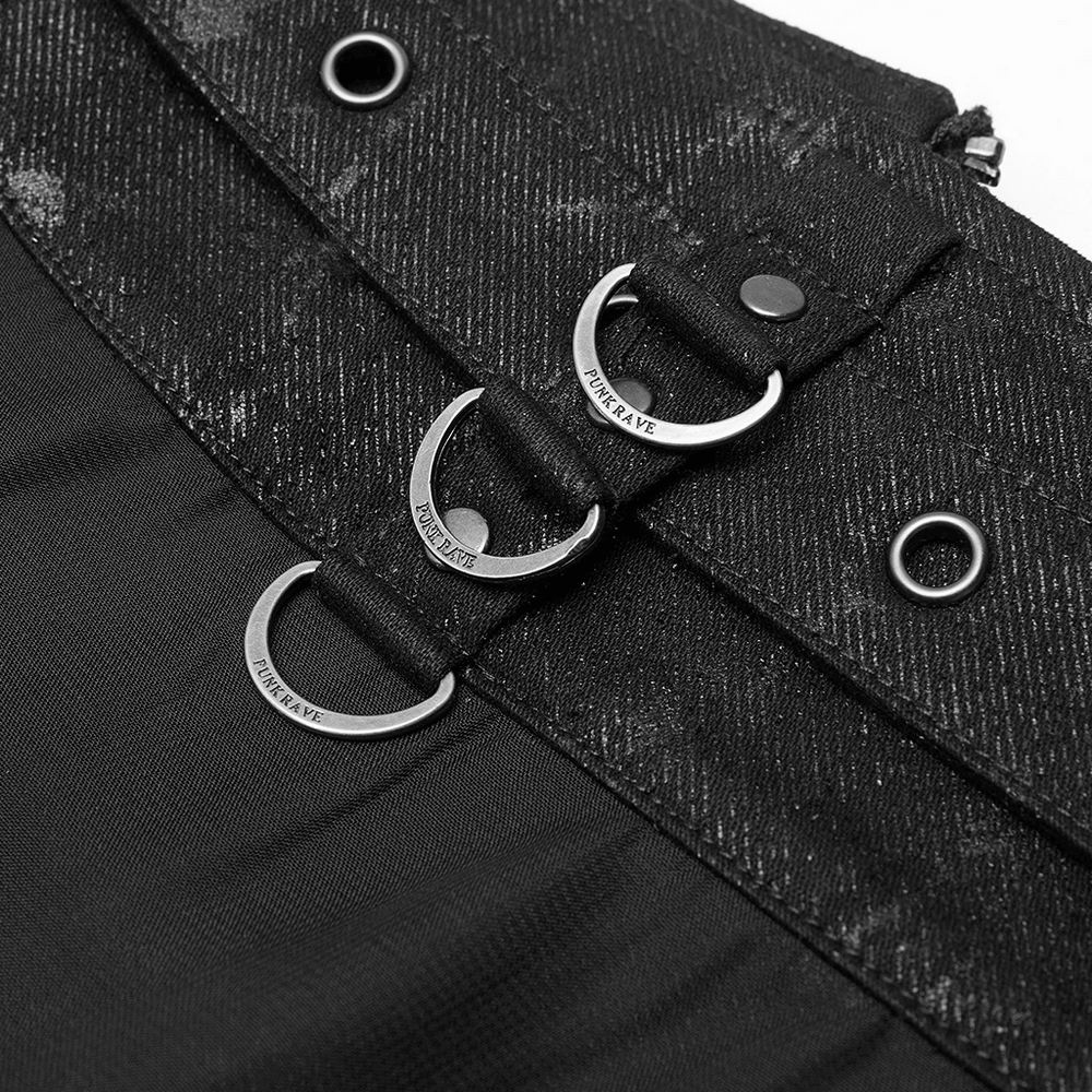 Close-up of Punk Rave sheer overlay split skirt belt with silver rings and textured black fabric.