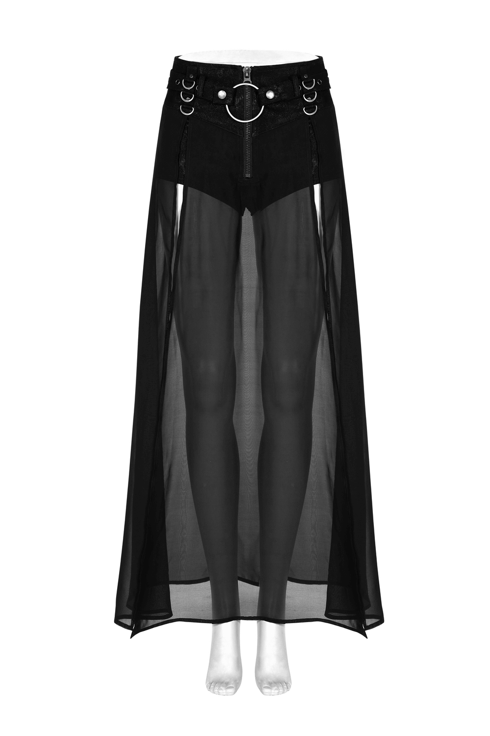 Punk Rave sheer overlay split skirt with detachable belt, black mesh layered design for edgy gothic style.