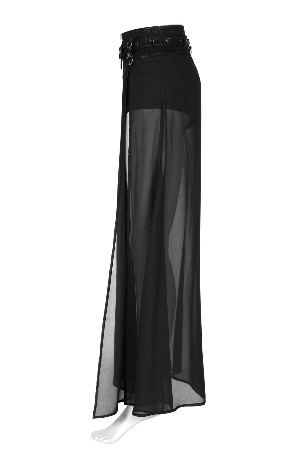 Punk Rave sheer overlay split skirt with detachable belt, showcasing a daring split hem for an edgy gothic look.
