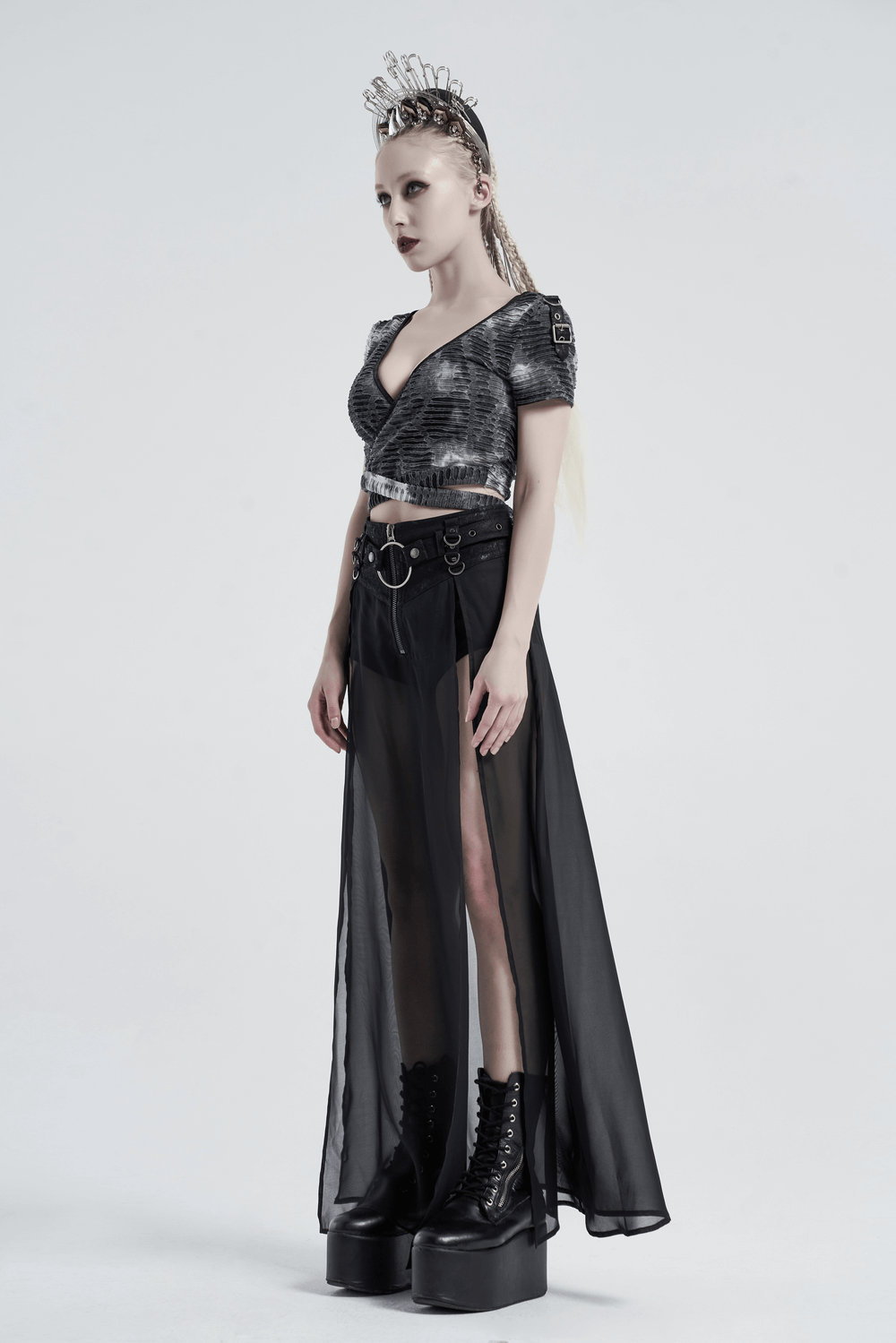 Punk Rave sheer overlay split skirt with detachable belt, styled with edgy accessories and bold platform boots.