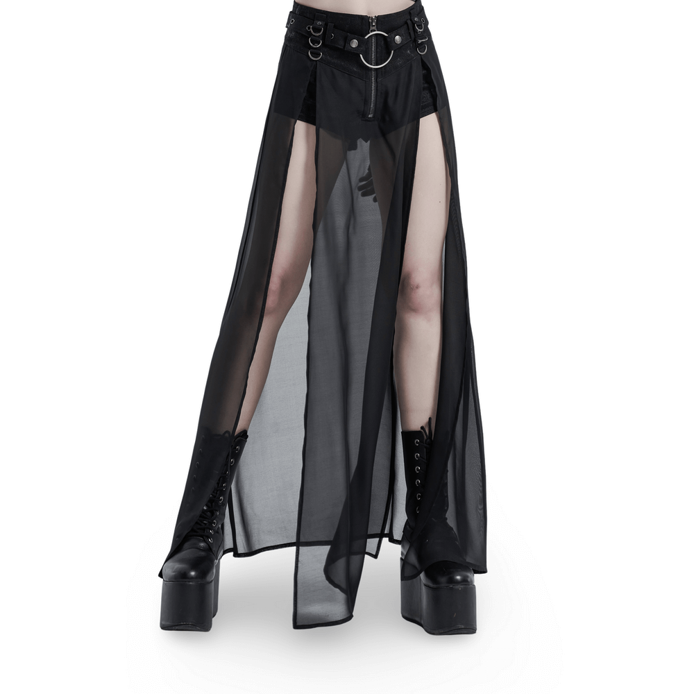 Edgy Punk Rave sheer overlay split skirt with detachable belt, perfect for clubbing or concerts.