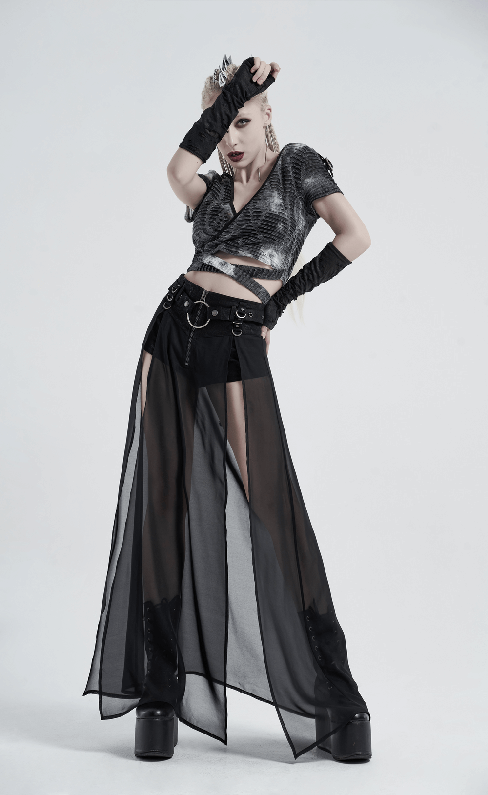 Punk Rave sheer overlay split skirt with detachable belt, edgy dark fashion outfit featuring layered mesh and textured twill.