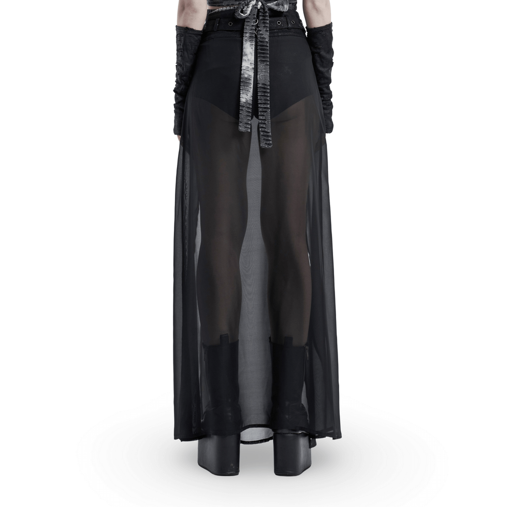 Punk Rave sheer overlay split skirt showcasing a daring hem and detachable belt for a daring gothic look.