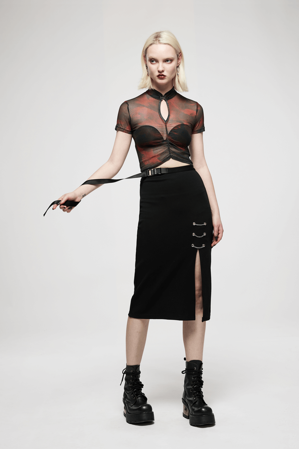 Punk Rave Slit Adjustable Midi Skirt with Chains