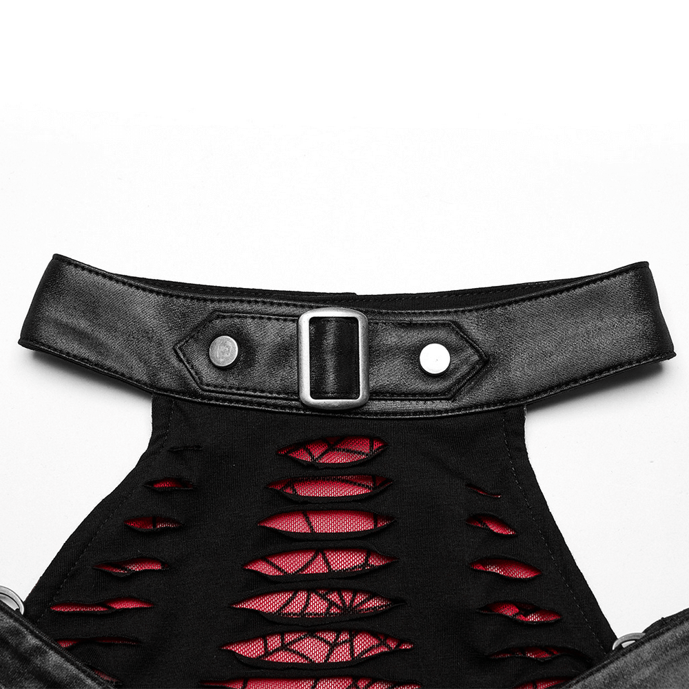 Close-up of the Punk Rave gothic mini dress featuring a black leather belt and spiderweb cutout design.