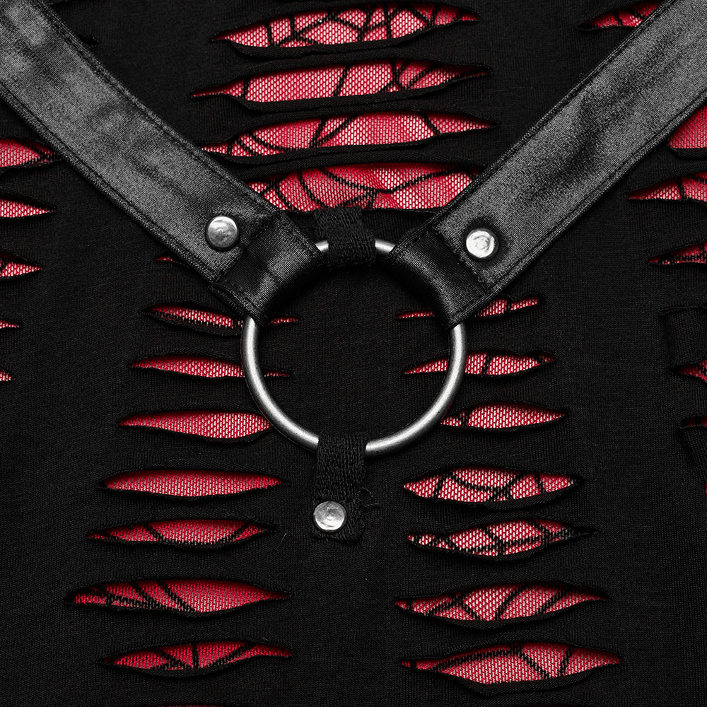 Close-up of Punk Rave spiderweb mesh cutout, featuring edgy straps and a ring detail for a gothic mini dress look.