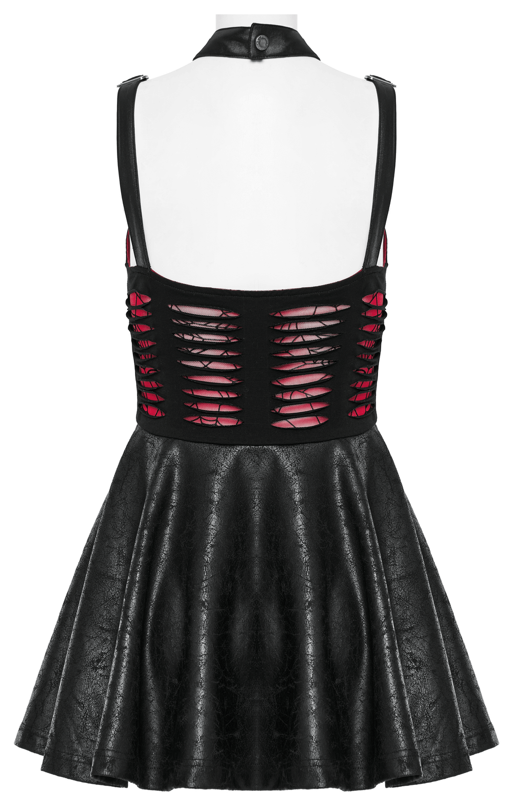 Back view of Punk Rave spiderweb mesh cutout gothic mini dress with playful swing skirt and edgy lace-up detailing.