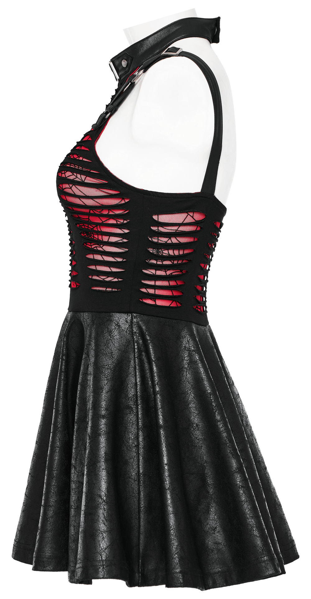 Punk Rave spiderweb mesh cutout gothic mini dress with playful swing skirt and edgy chest cutout.