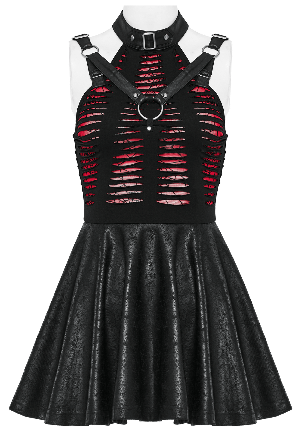 Gothic-style mini dress with spiderweb cutouts, red accents, and a playful skirt for a daring look.