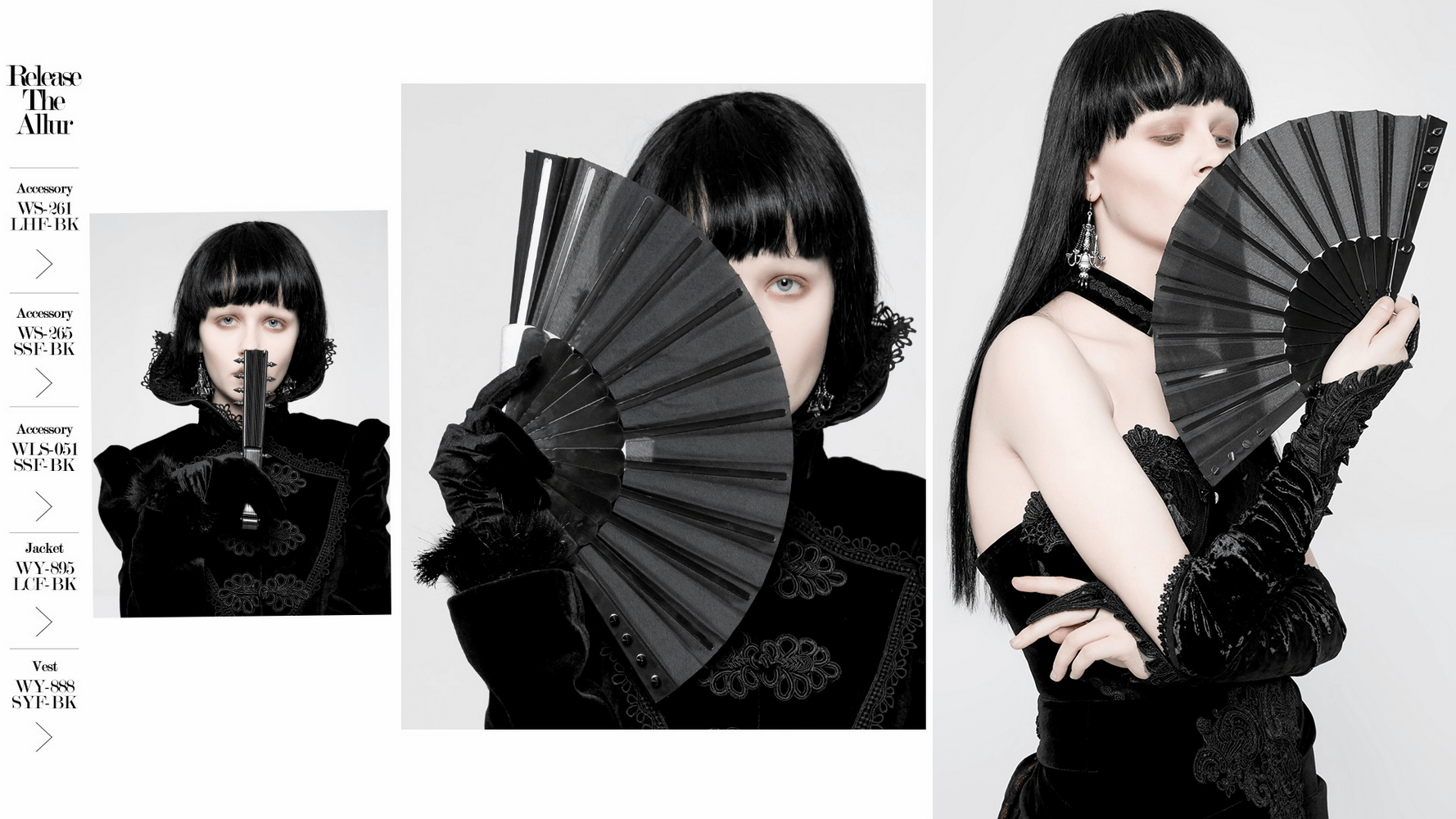 Punk Rave spiked handheld fan in gothic style, showcased by a model in dark attire, adding edgy elegance.