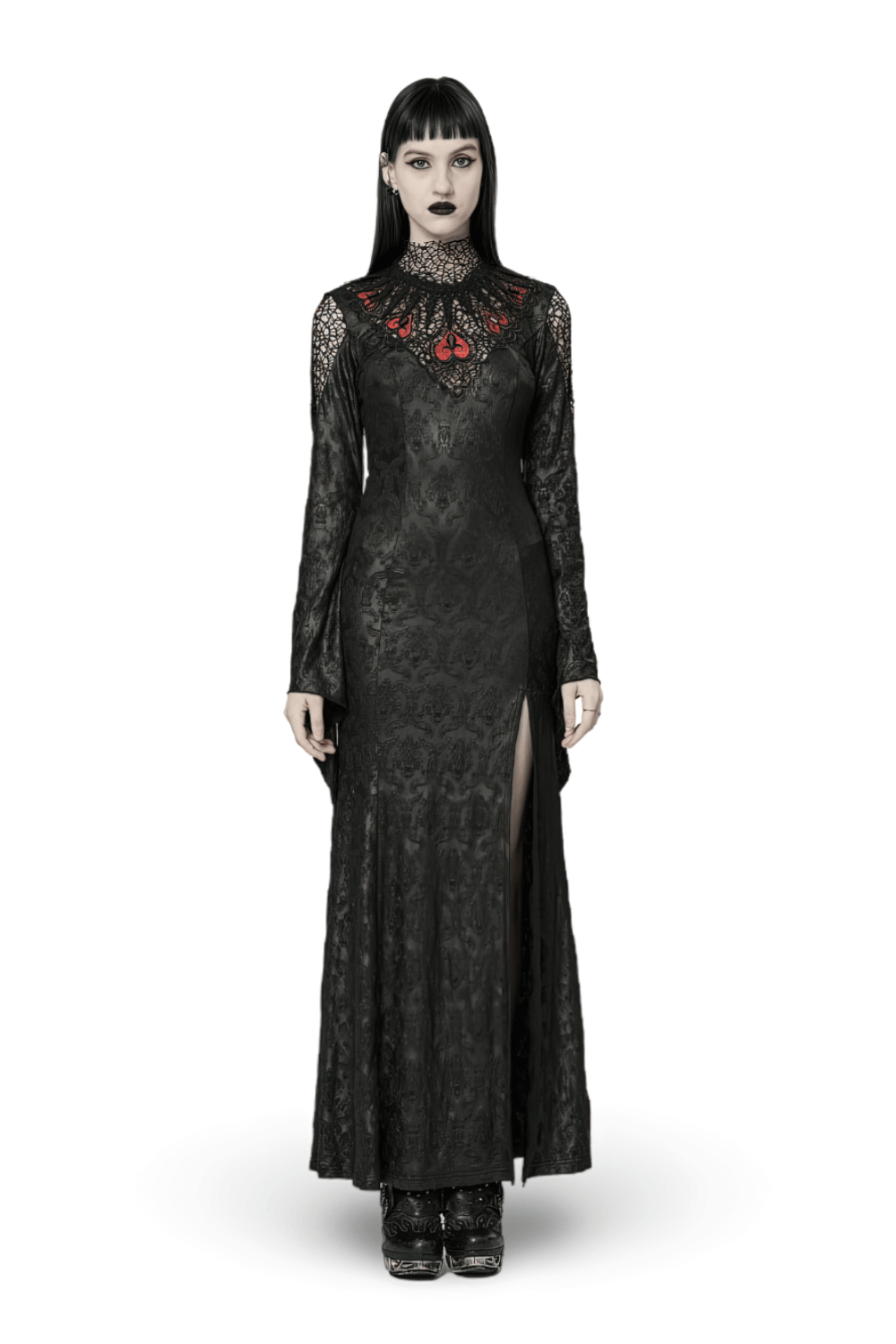 Gothic Punk Rave Vintage Black Rose Mesh Gown with flared sleeves and fishtail slit for dark elegance.