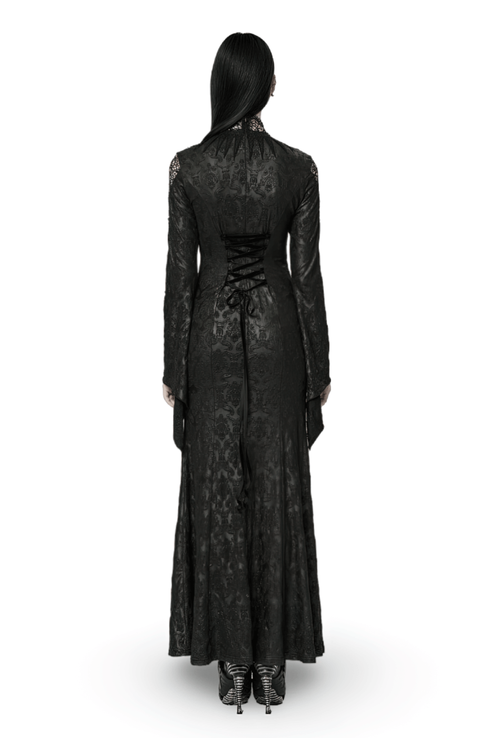 Back view of the Punk Rave Vintage Dark Night Embossed Mesh Gown featuring lace details and a dramatic fishtail design.