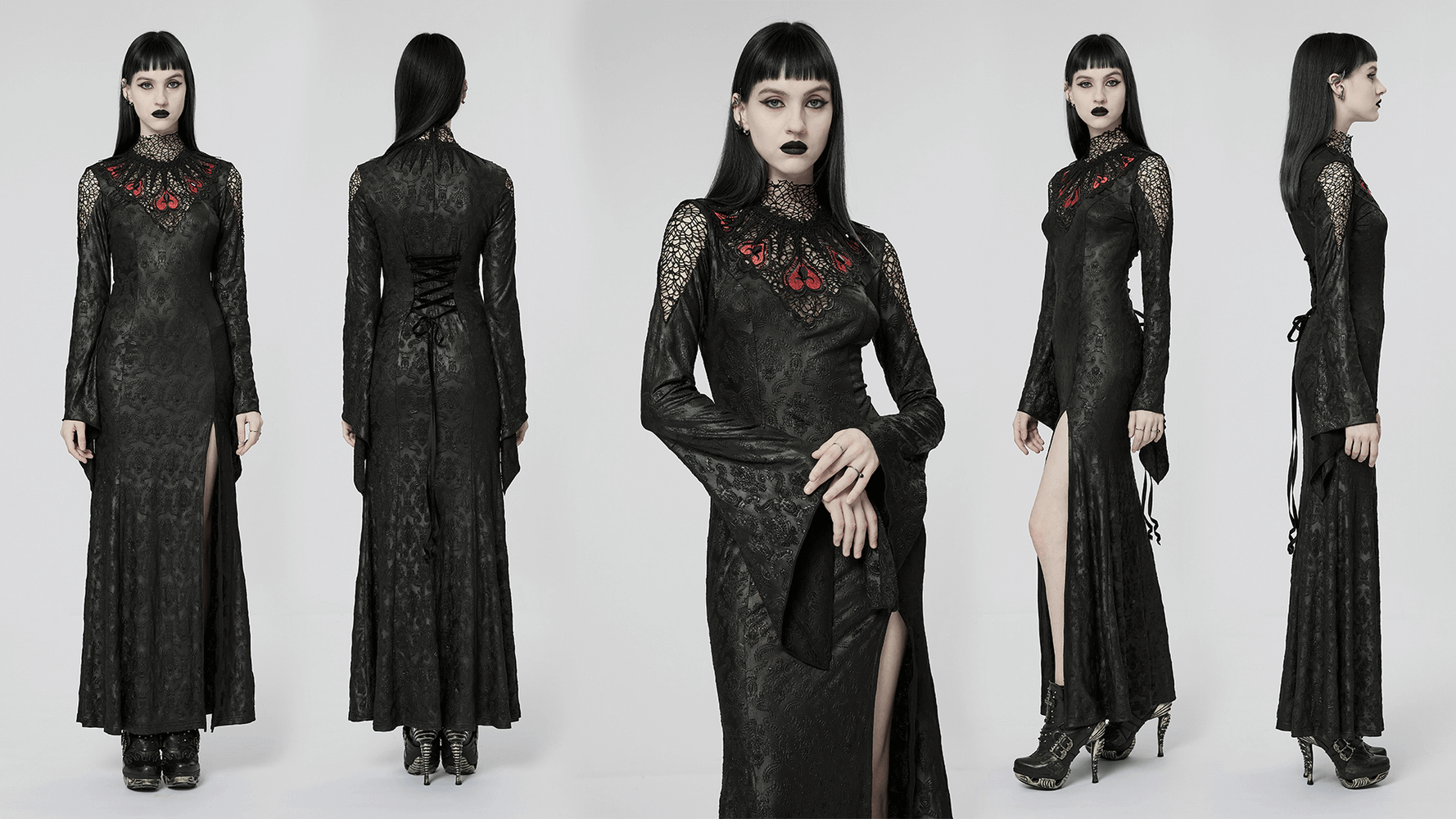 Gothic maxi dress featuring a black embossed design, spiderweb mesh overlay, and dramatic flared sleeves.