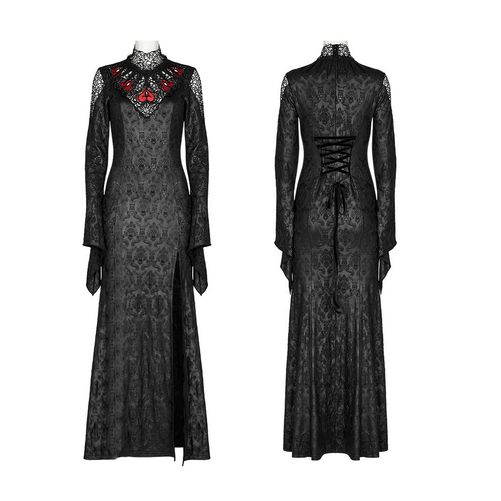 Punk Rave Vintage Dark Night Embossed Mesh Gown in black, featuring lace details and vibrant red accents for a Gothic look.