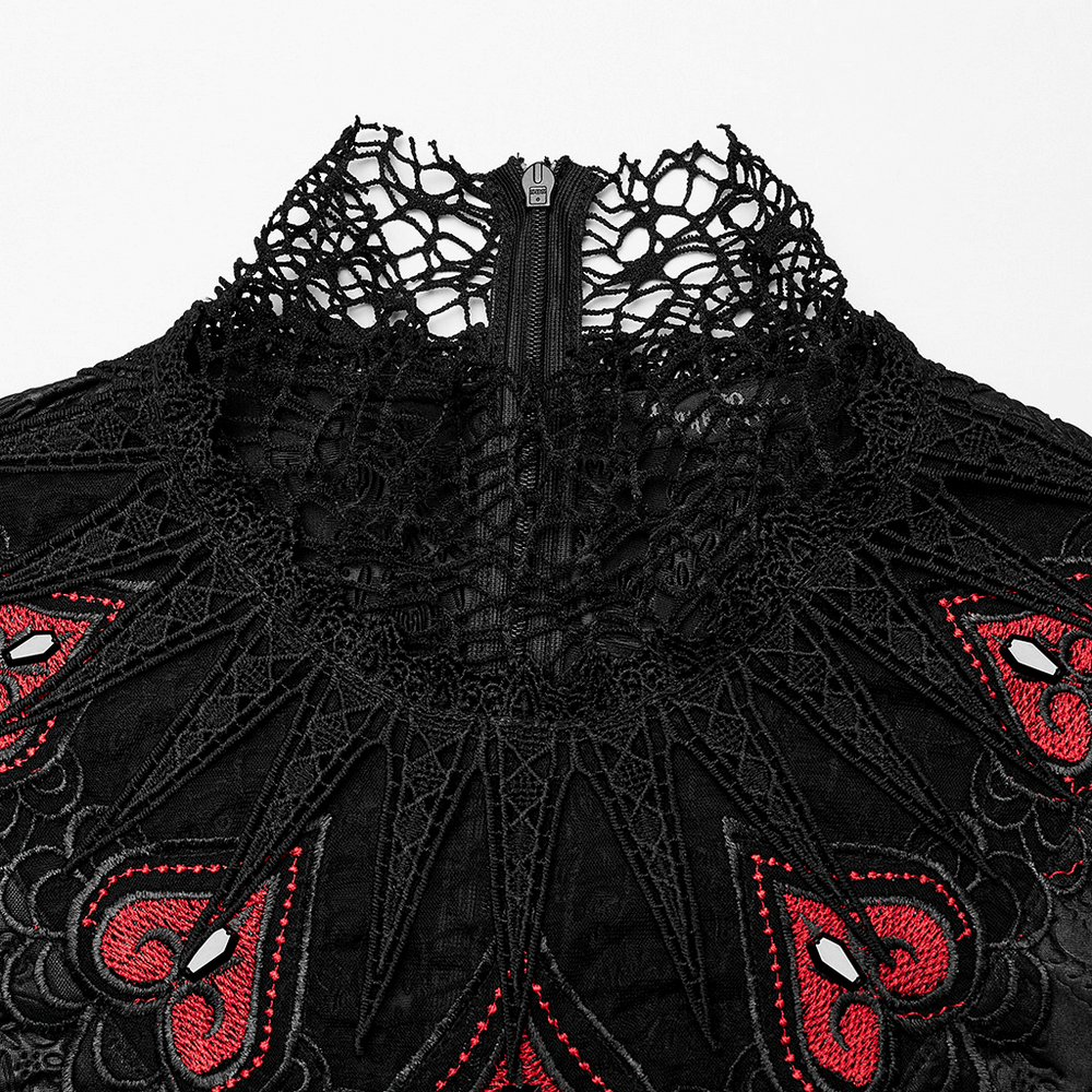 Close-up of the stand neck and lace detail of the Punk Rave Gothic dark dress with red embossed accents.