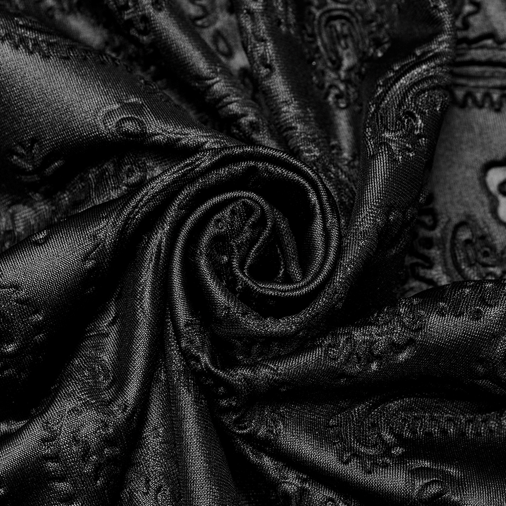 Black embossed rose mesh fabric showcasing intricate patterns, perfect for gothic fashion and elegant designs.