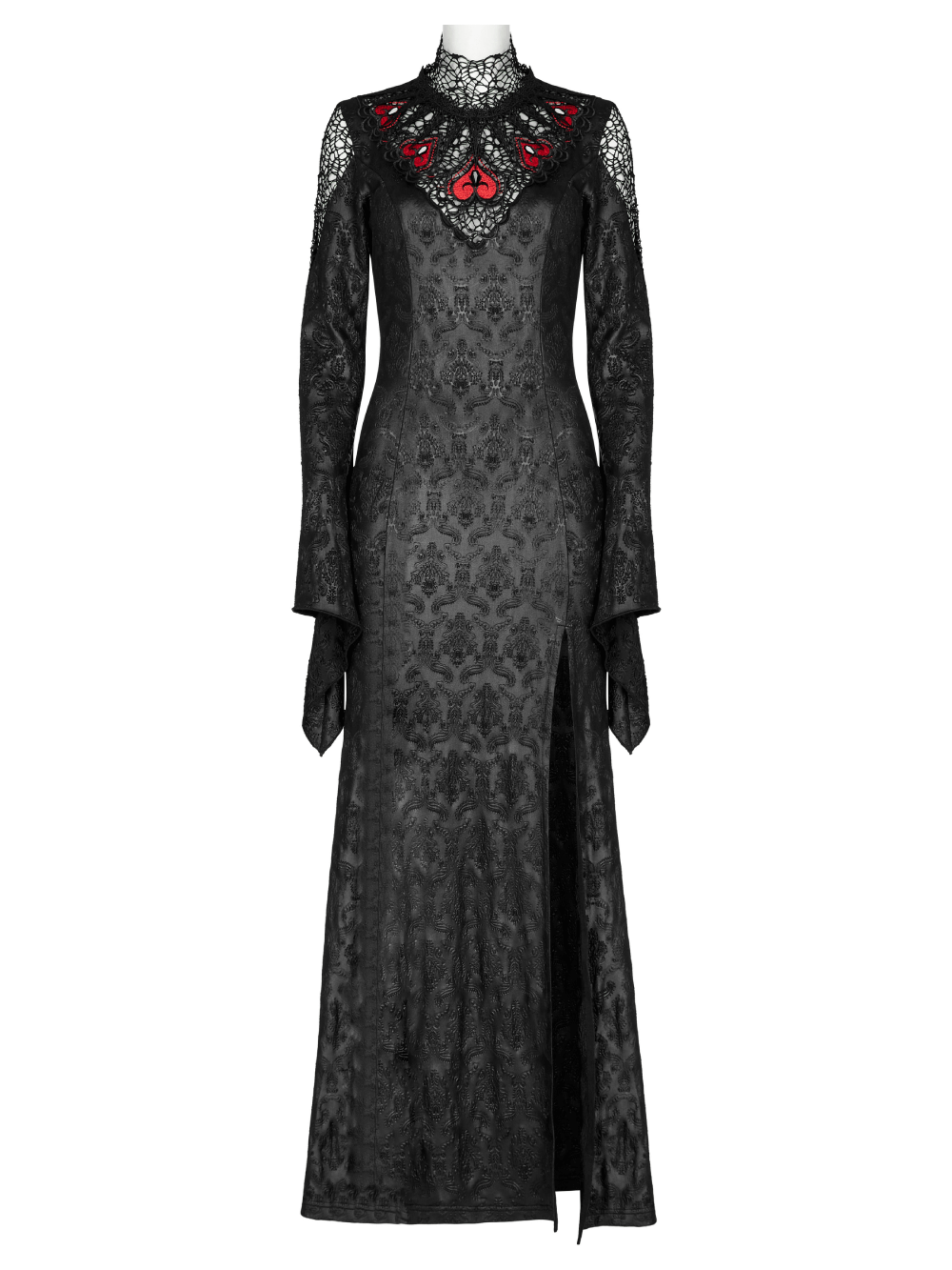 Punk Rave Vintage Dark Night Gown with black embossed rose mesh and lace accents, featuring a dramatic V-neck and flared sleeves.