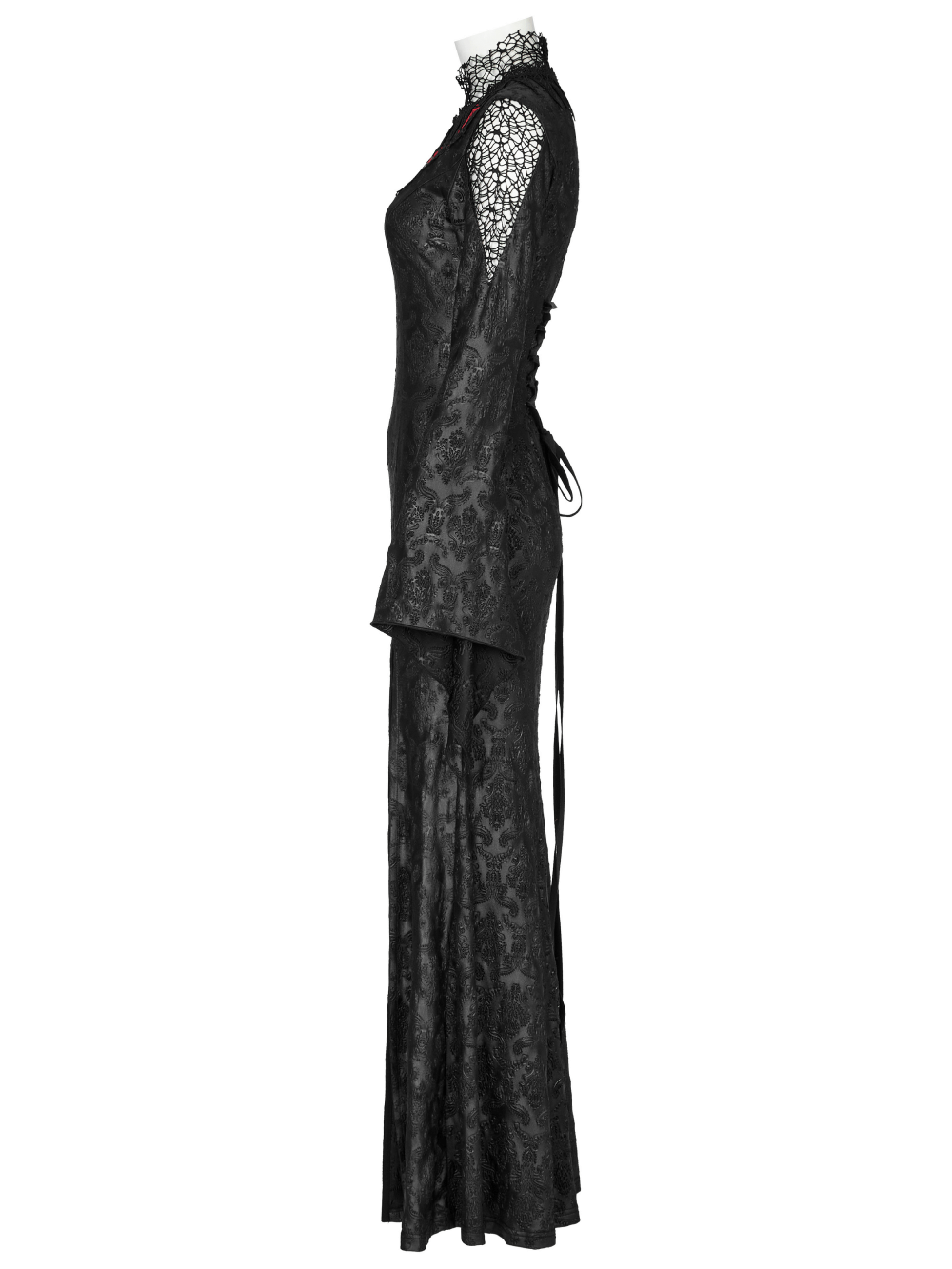 Side view of a black embossed rose mesh gown with flared sleeves and lace details, perfect for a dark gothic look.