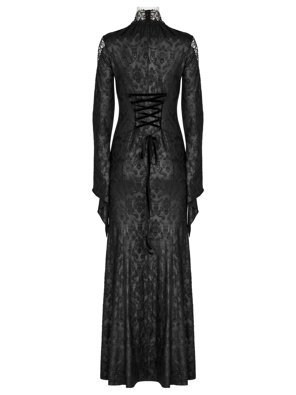 Back view of a gothic black embossed mesh gown featuring flared sleeves, lace detailing, and a fishtail slit for a dark elegance.