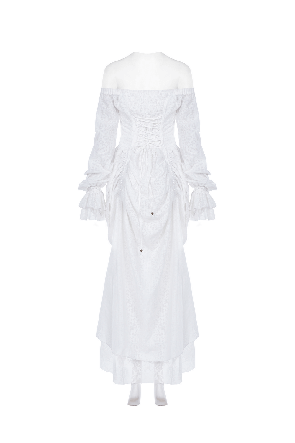 Punk Rave White Gothic Lace Dress with lantern sleeves and metal accents, featuring vintage lace and a semi-transparent design.