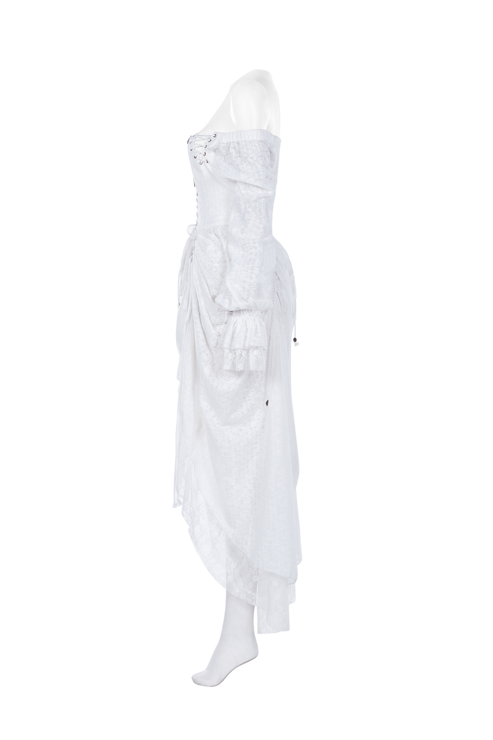 Punk Rave white gothic lace dress with lantern sleeves and metal accents, showcasing a stylish side view.