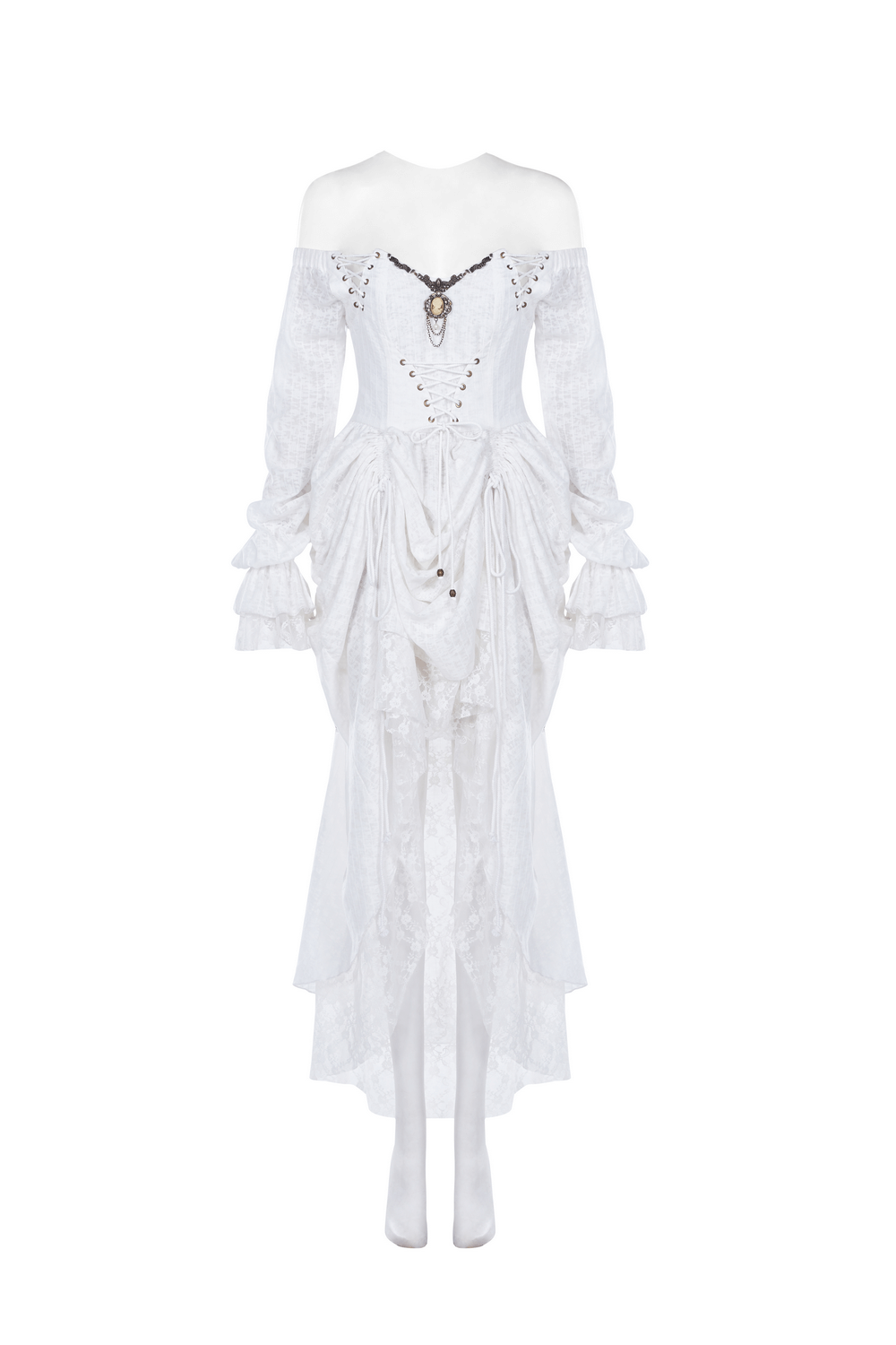 Punk Rave White Gothic Lace Dress with Lantern Sleeves and Vintage Metal Accents, perfect for steampunk fashion.