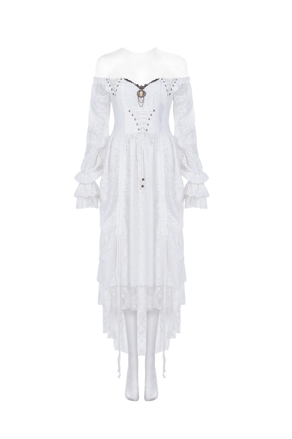 Gothic lace steampunk dress with lantern sleeves and vintage metal accents, perfect for edgy vintage style.