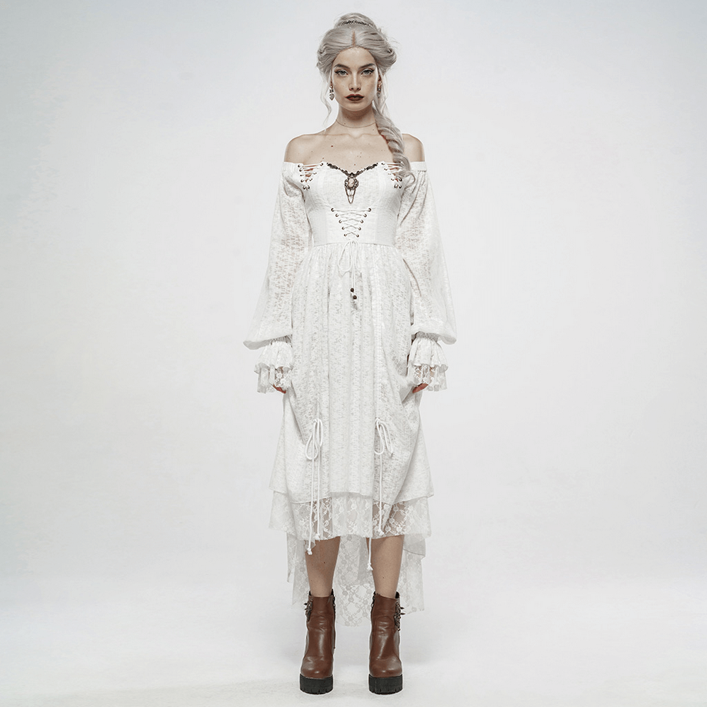 Punk Rave white gothic lace dress with lantern sleeves and vintage metal accents, perfect for steampunk events.