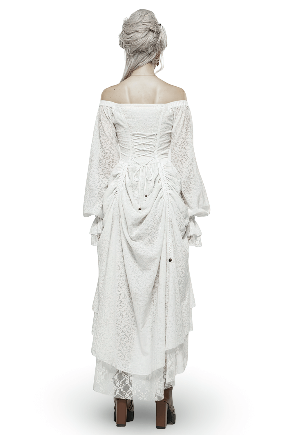 Back view of Punk Rave White Gothic Lace Dress with lantern sleeves and unique ruffled design.