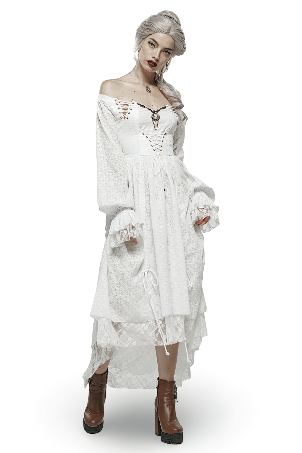 Punk Rave white gothic lace dress with lantern sleeves and vintage metal accents, perfect for steampunk events.