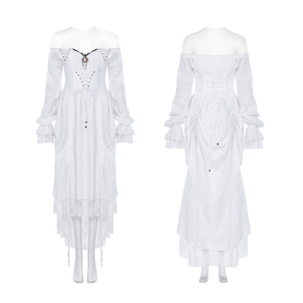 Punk Rave white gothic lace dress with lantern sleeves and vintage metal accents, showcasing a unique steampunk style.