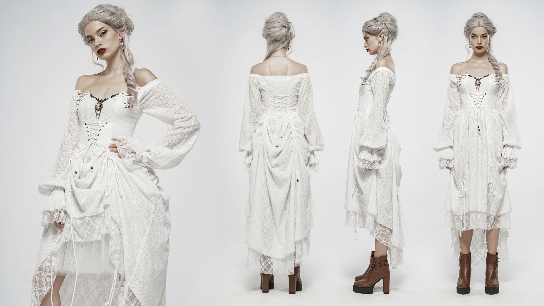 Punk Rave white gothic lace dress featuring lantern sleeves and vintage metal accents, perfect for steampunk fashion.