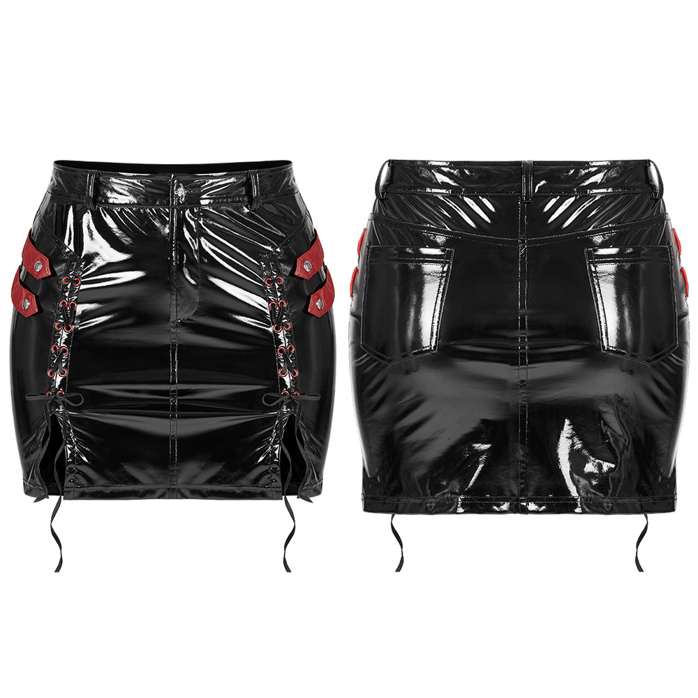Punk red accented PU leather mini skirt with drawstrings and a glossy finish, showcasing a figure-hugging design.
