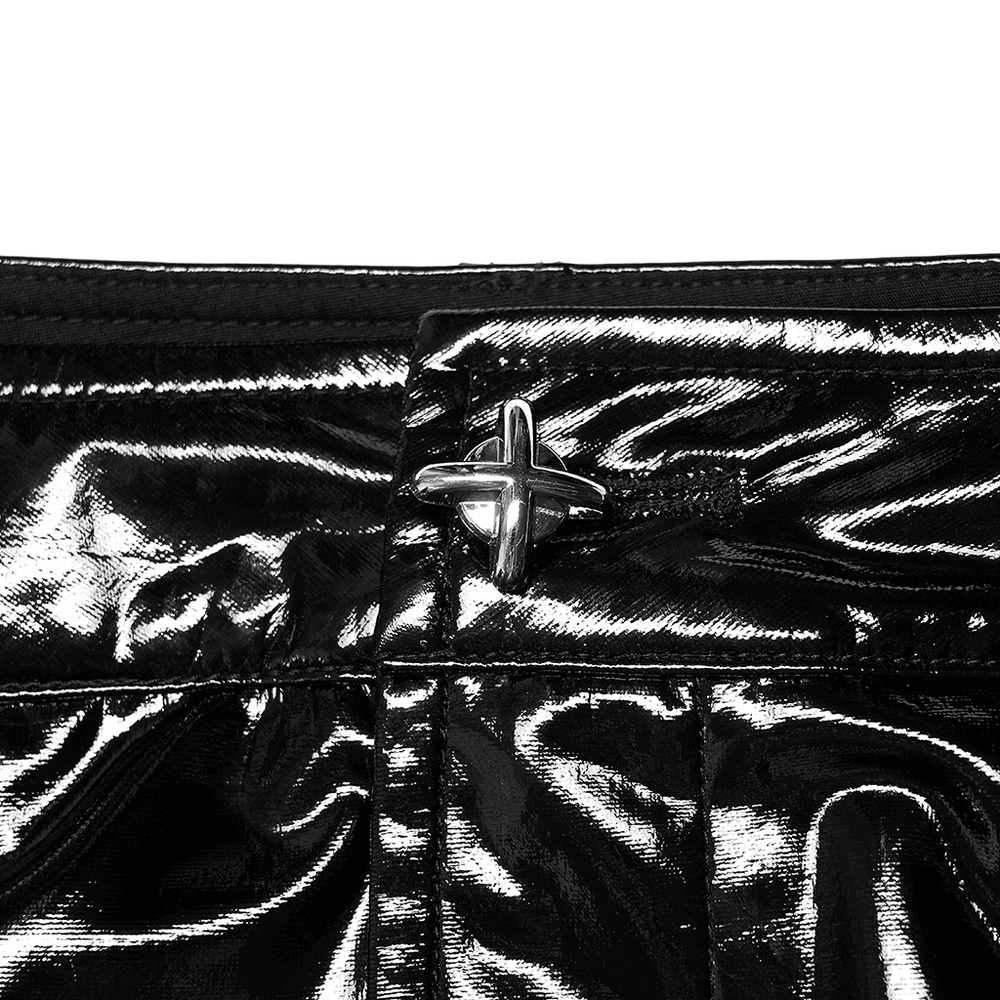 Close-up of punk red accented PU leather mini skirt featuring shiny fabric and unique drawstring design.