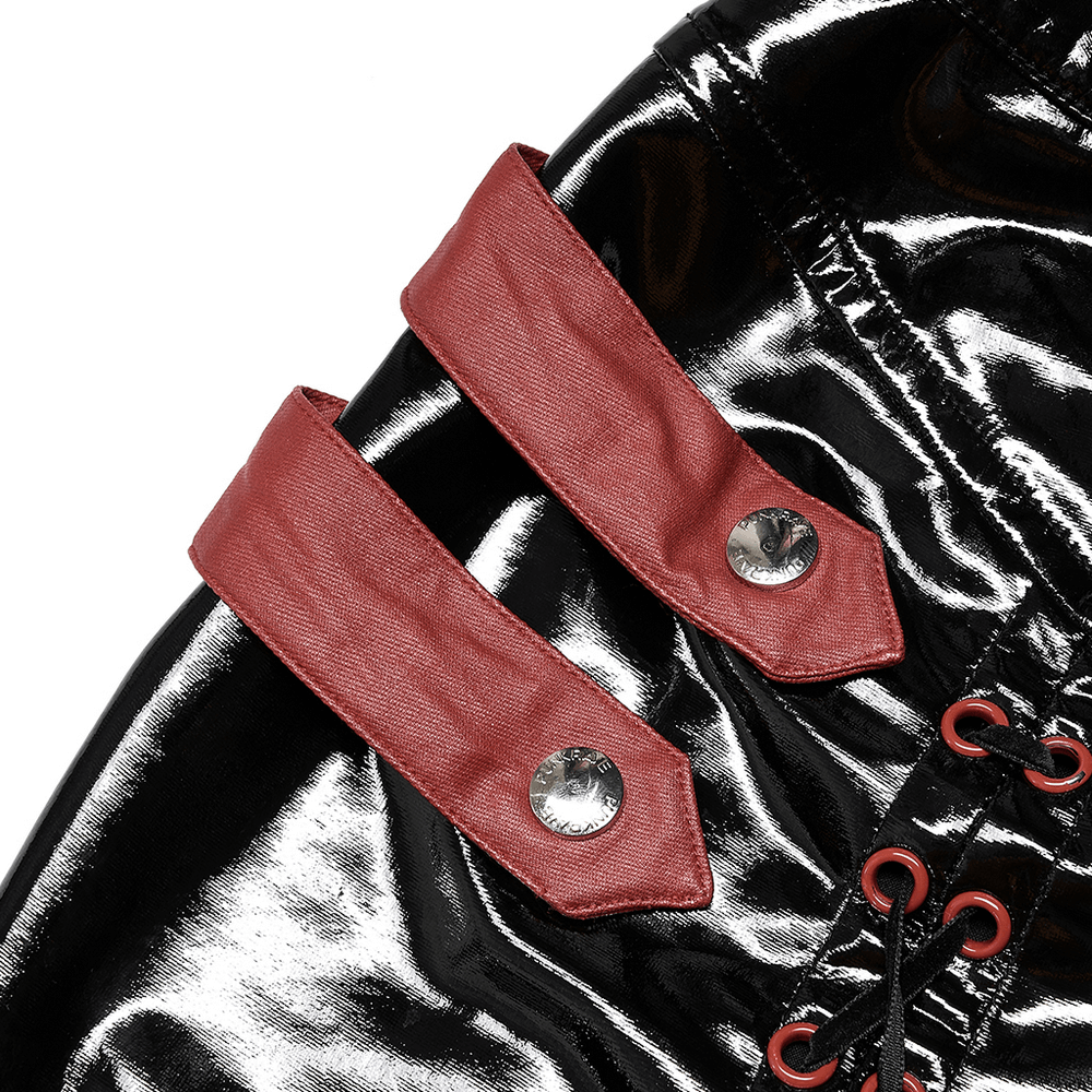 Close-up of punk PU leather mini skirt featuring red accents and lace-up detail for an edgy look.