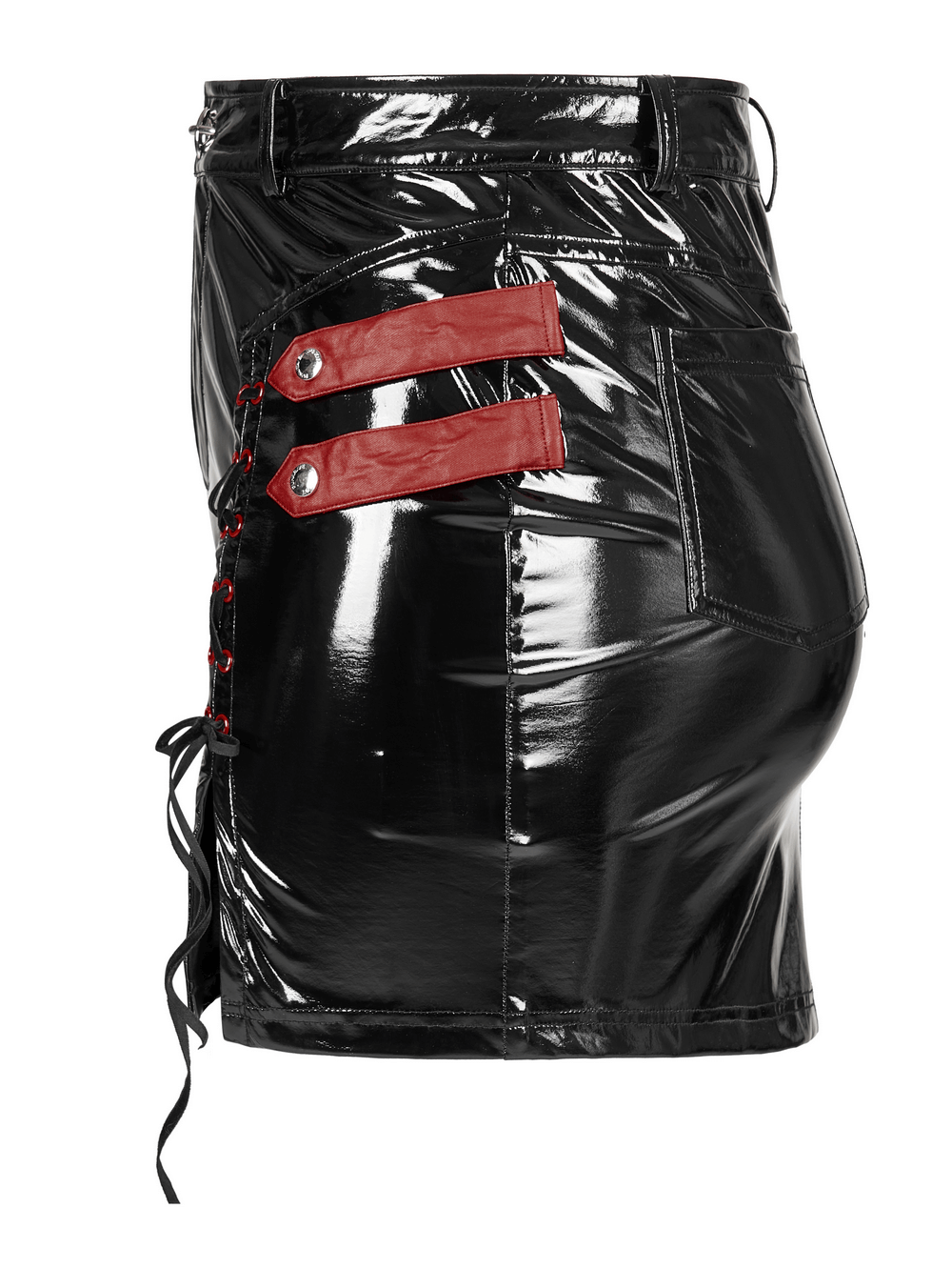 Punk red accented PU leather mini skirt with drawstring design, showcasing glossy finish and side loops.