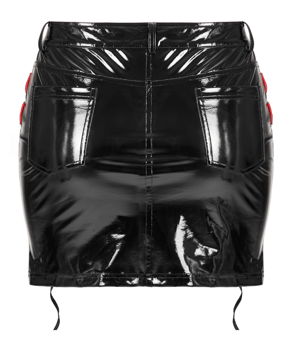 Back view of punk red accented PU leather mini skirt with drawstring detail and glossy finish.