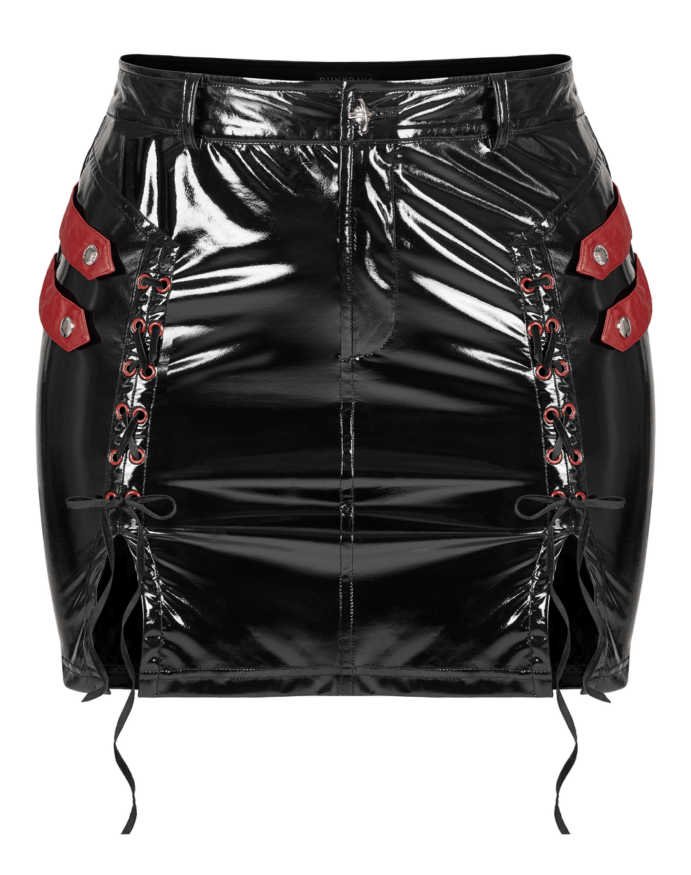 Punk Red Accented PU Leather Mini Skirt With Drawstring Design - HARD'N'HEAVY