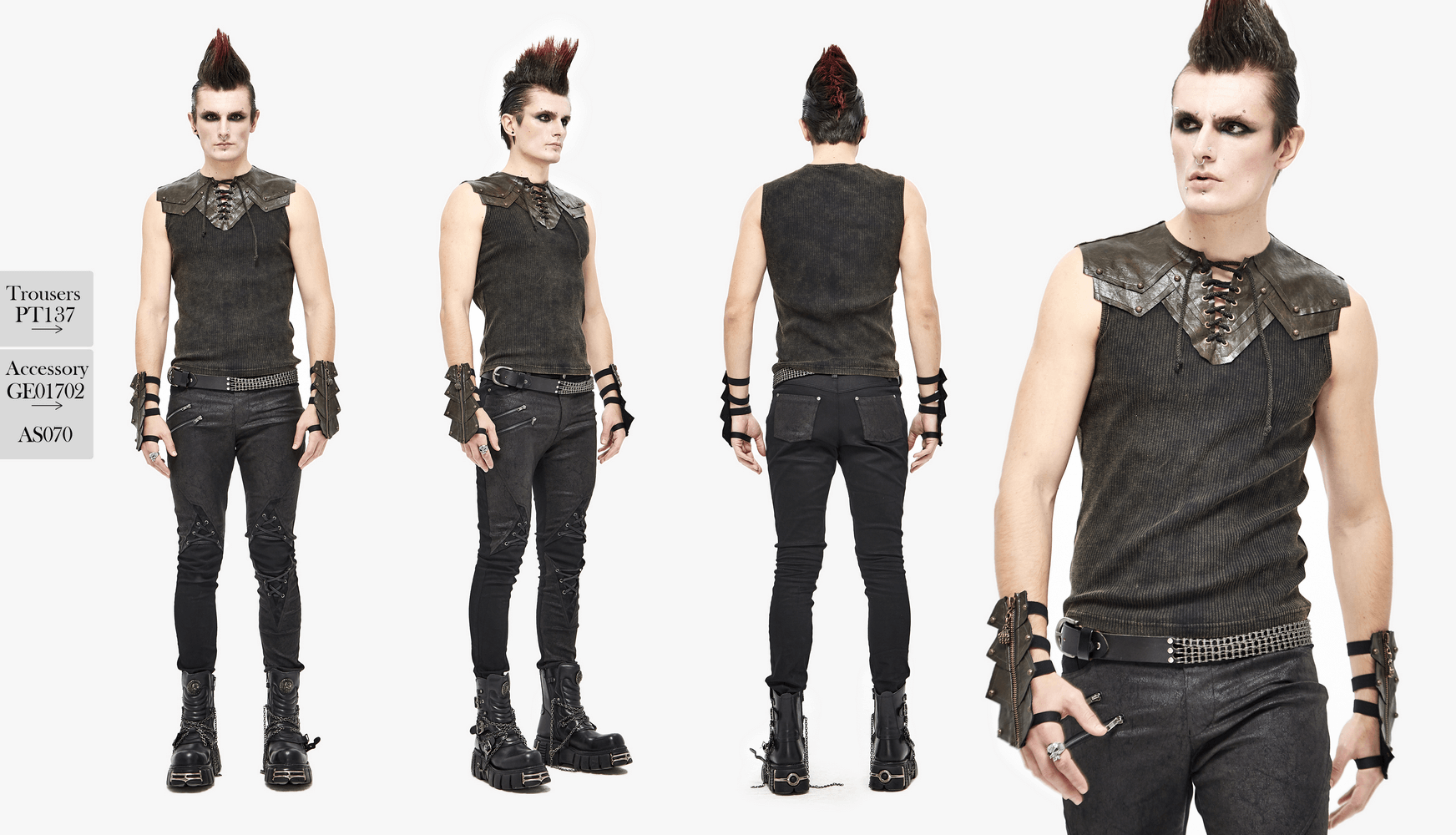 Punk Ribbed Sleeveless Tank Top / Elastic T-shirt with Imitation Leather Application