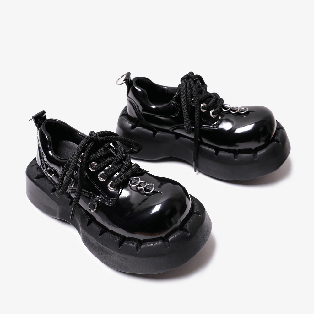 Punk Ring Detail Thick Sole Alternative Platform Footwear, women's black gothic patent chunky platform lace-up shoes.