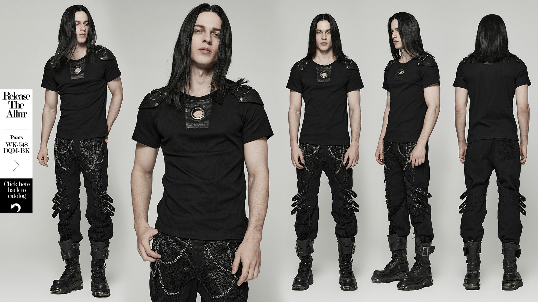 Edgy Punk Rivet Armor Male T-Shirt with detachable panel and cracked leather detailing, showcasing a rebellious style.