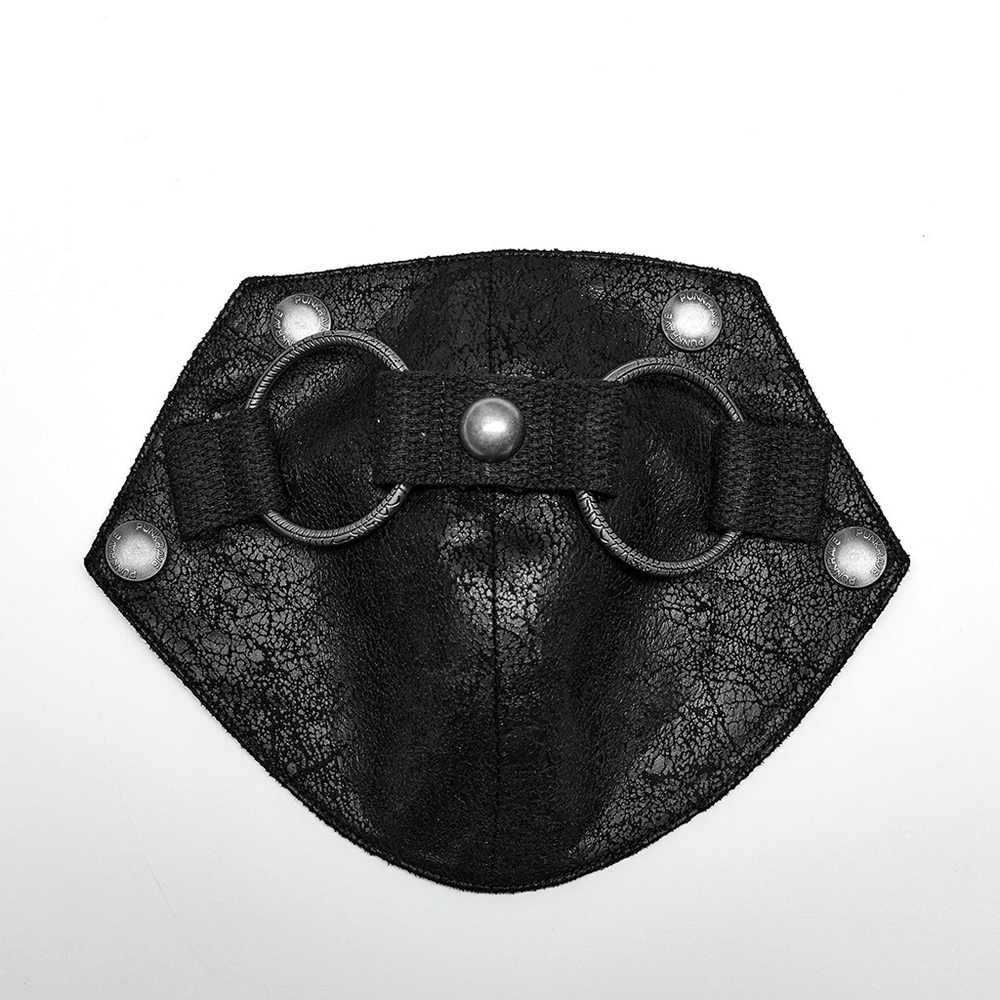 Edgy black cracked leather detachable armor panel with bold rivets and eyelets for punk-inspired fashion.